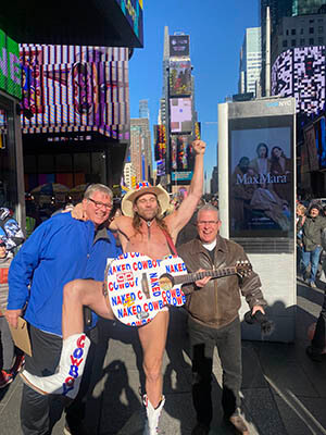 Jim Dykes with the Naked Cowboy in Times Square