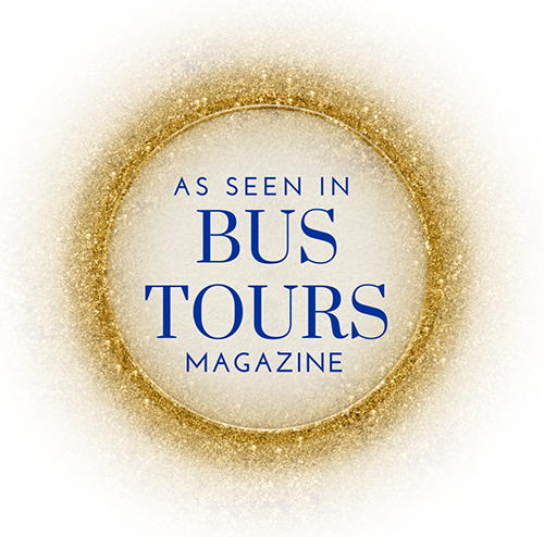 Badge that says "As Seen In Bus Tours" magazine